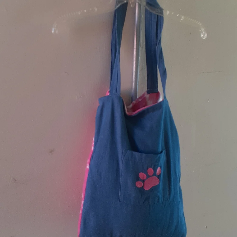 COPY - DENIM blue & Pink Dog Paw Print Tote bag Pet picnic Bag & Blanket 2 in 1